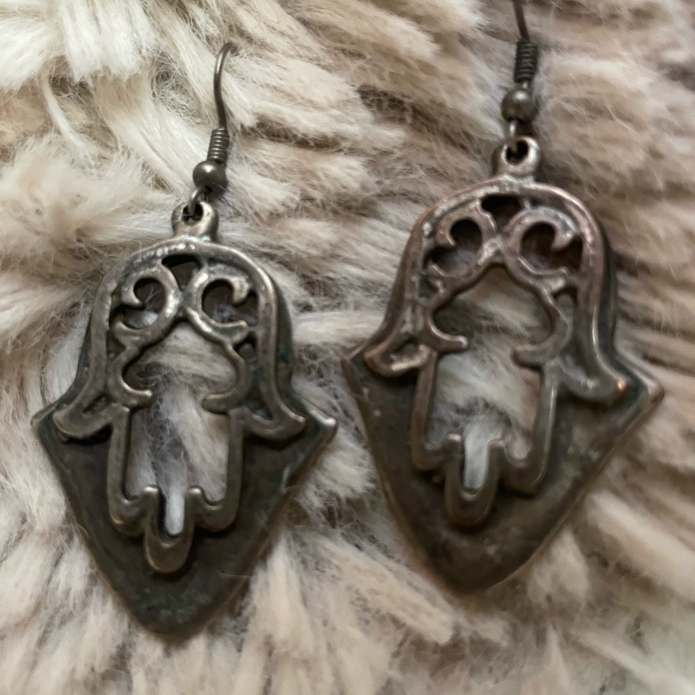 Silver Hamsa Hand Filigree Earrings